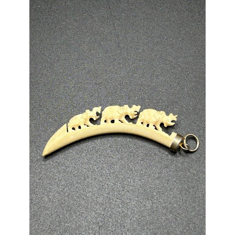 Vintage 1970’s Carved  Bovine Pendant Intricate Elephants EUC